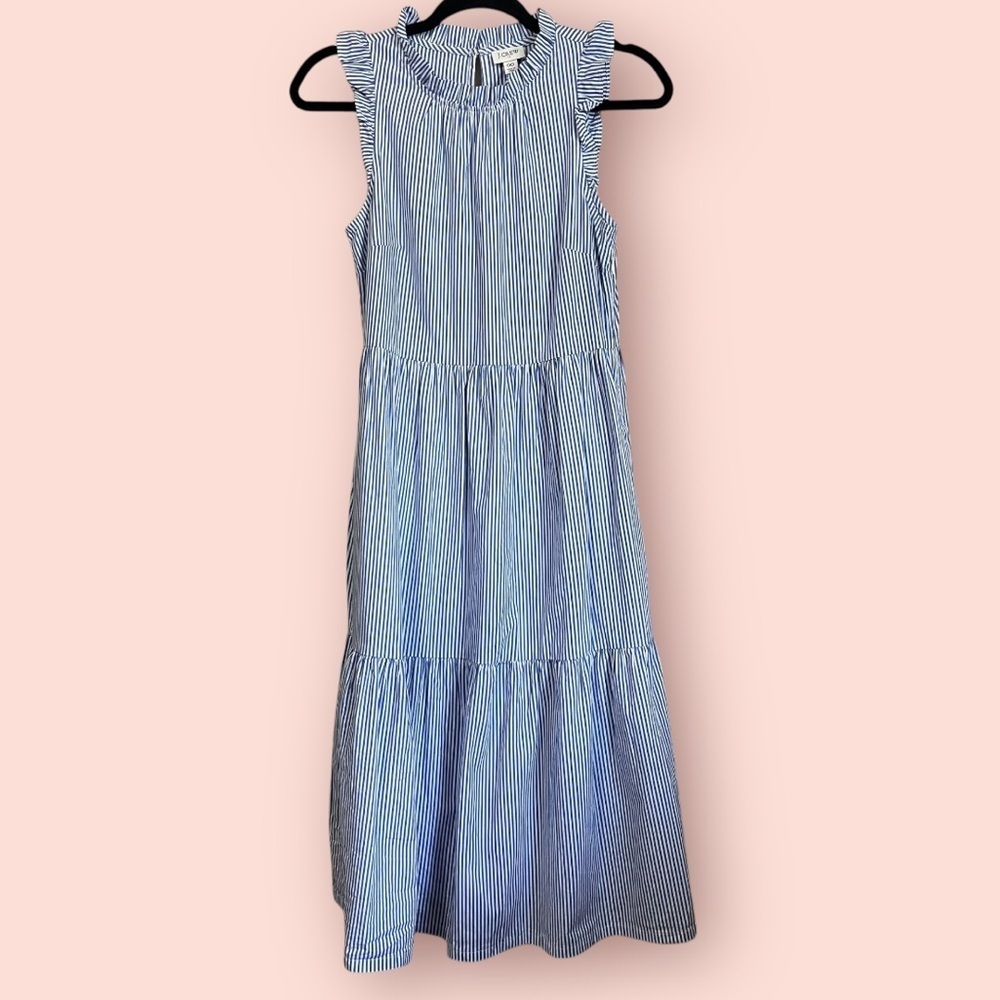 J.Crew Factory Tiered Midi Ruffle Dress In Blue & White Striped Size 00 - Picture 2 of 9